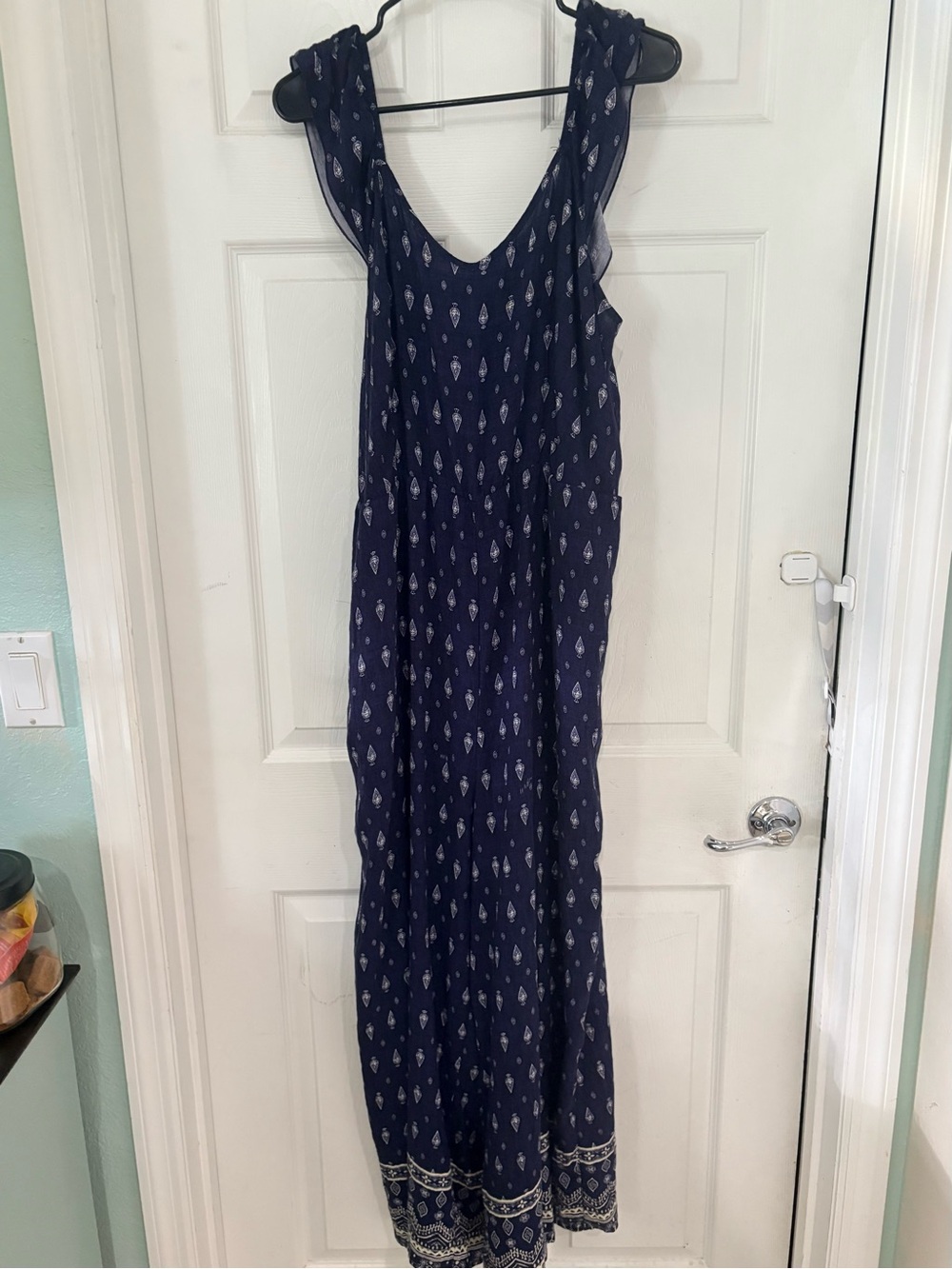 BloomChic Navy Printed Maxi Jumpsuit with Border Trim